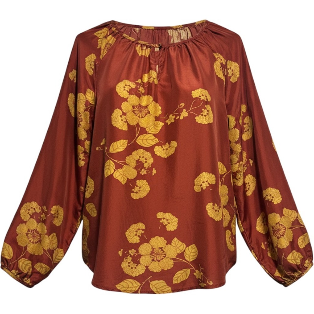 Sundance Silk Floral‎ Blouse Rust Orange Yellow Long Sleeve Boho Top Small